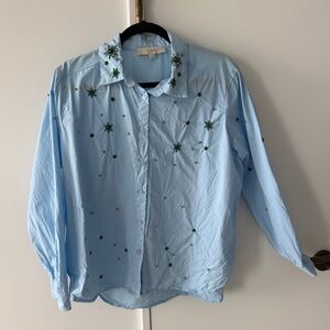 LOFT Embellished Bedazzled Button Down Blue Shirt Blouse Medium